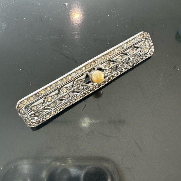 Vintage Art Deco Brooch Pin Czech rhodium plate rhinestone pearl - Picture 5 of 9